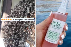A collage of two images; on the left defined curly hair with a 5-star rating graphic, on the right a hand holding Mario Badescu facial spray