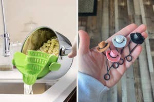 a clip-on pot strainer and a set of cowboy hat straw toppers