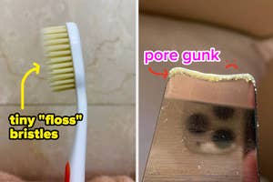 Close-up of a toothbrush with small bristles labeled "tiny 'floss'" and a magnified pore strip with "pore gunk."