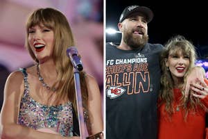 Taylor Swift in a sequined top smiles on stage; with a man in a slogan T-shirt at an event