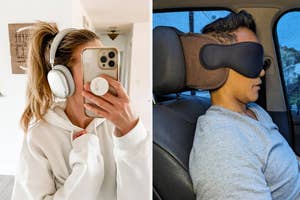 a reviewer wearing headphones that look like AirPod Maxes / a reviewer using a headrest that attaches to the seat and has an eye mask