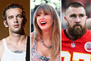 Three separate portraits: a male singer with tattoos, Taylor Swift smiling, and a male athlete in a sports jersey