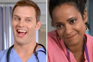 Two characters from "Scrubs": a smiling male doctor and a female nurse looking amused