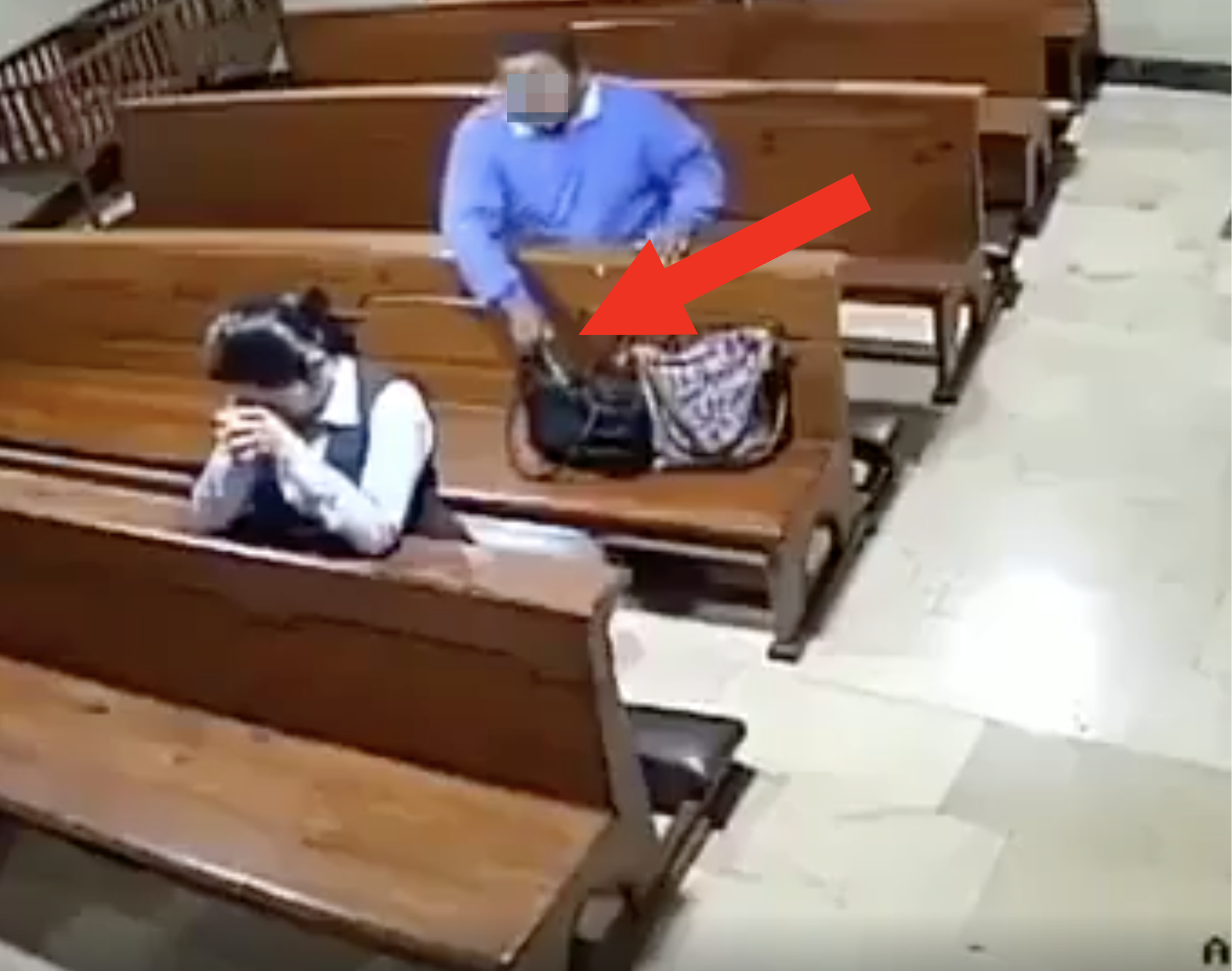 Two people sitting apart on church pews, one appears distressed with head in hands while the man steals something from her purse