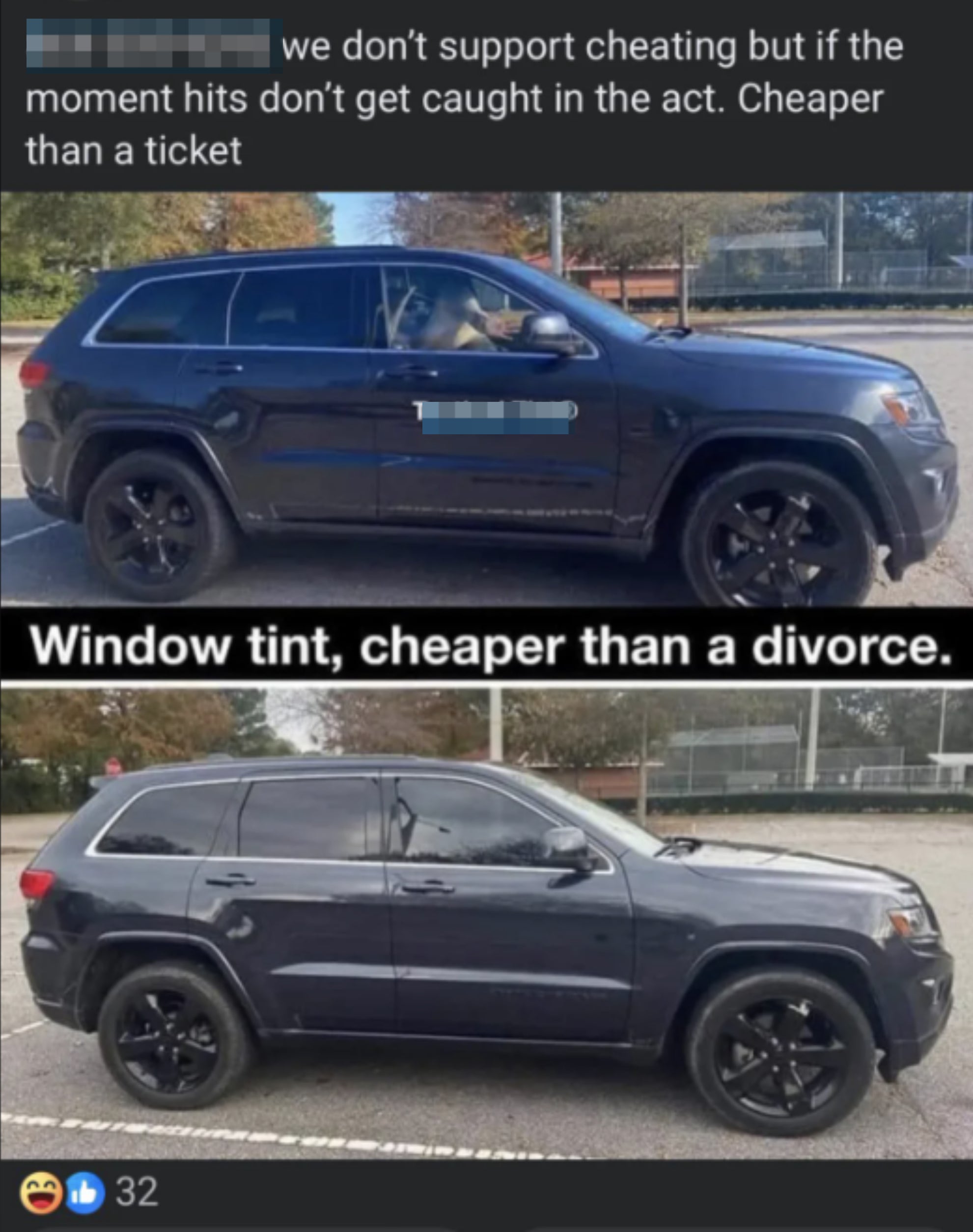 Advertisement showcasing a car with tinted windows, alongside a slogan about window tinting being cheaper than a divorce