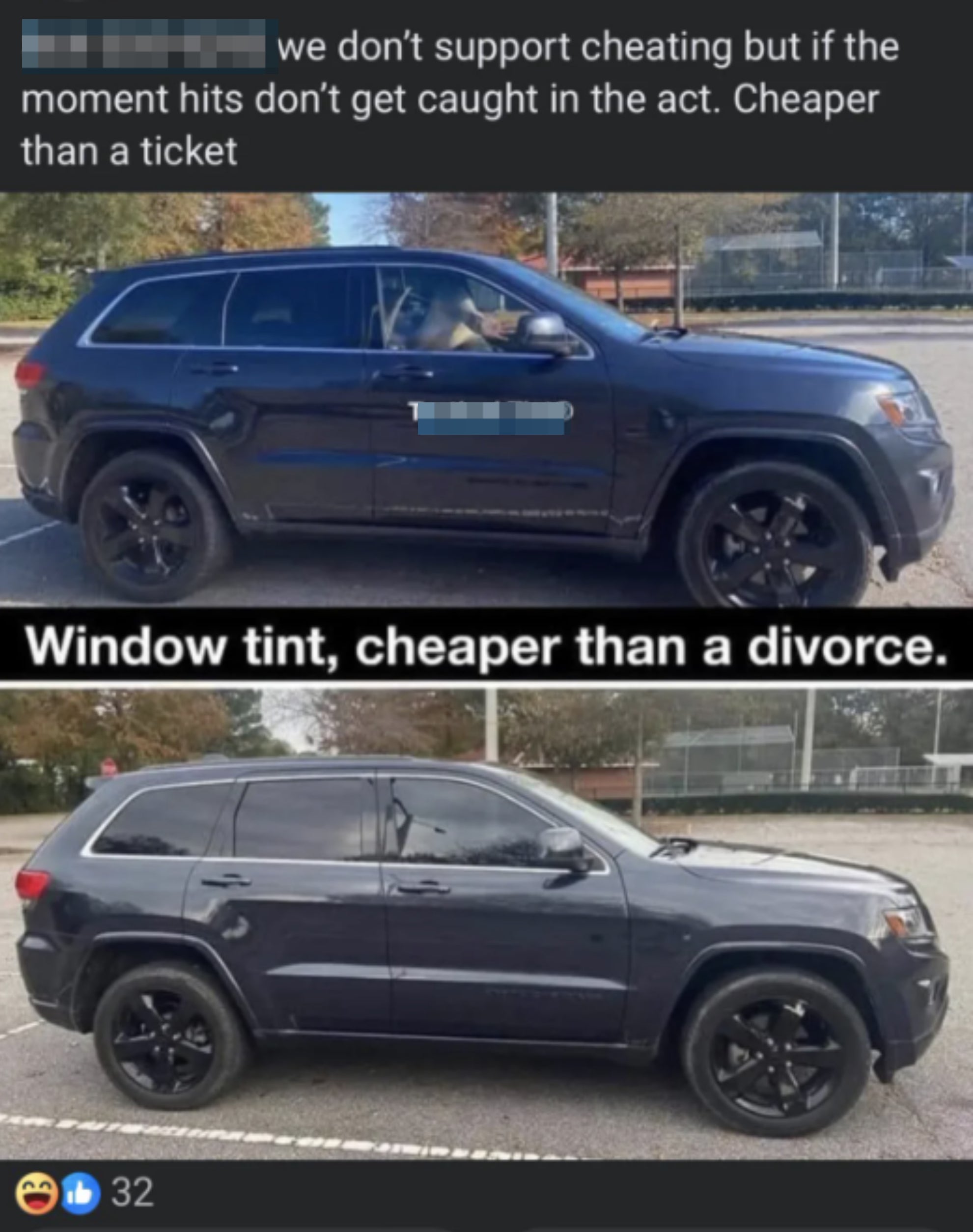 Advertisement showcasing a car with tinted windows, alongside a slogan about window tinting being cheaper than a divorce