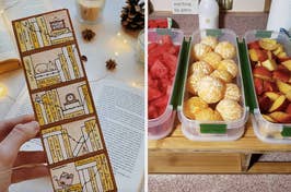 Left: A comic strip bookmark on a book page. Right: Fruit prepped in containers for easy snacking