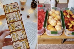 Left: A comic strip bookmark on a book page. Right: Fruit prepped in containers for easy snacking