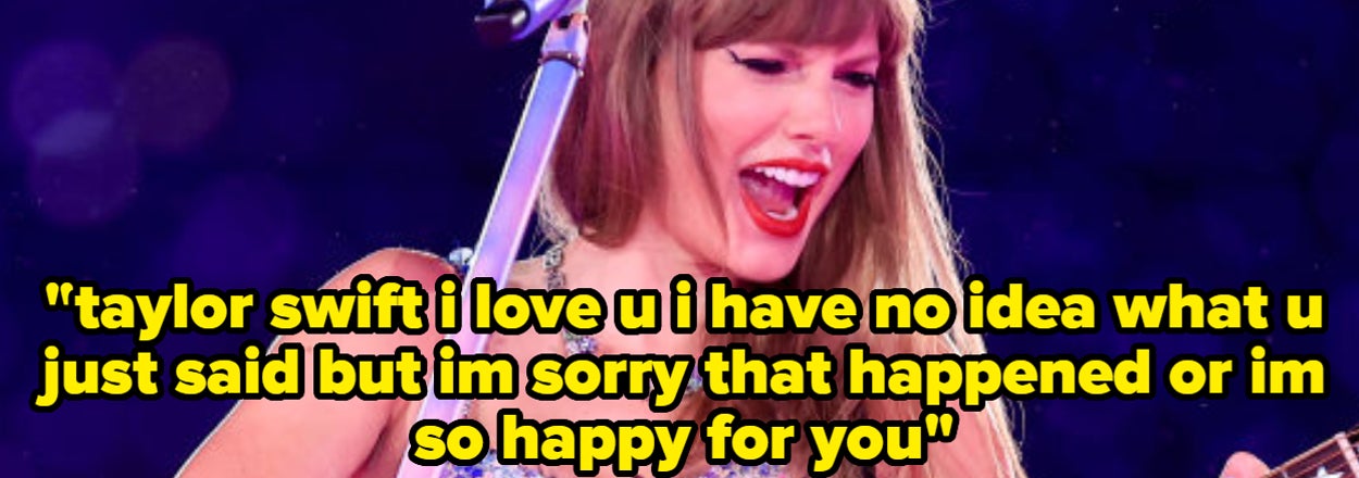 Taylor Swift plays guitar onstage with overlay text expressing admiration and apology or happiness for her