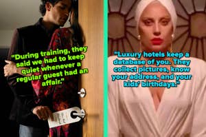 Man and woman kissing in hotel; Lady Gaga in "AHS: Hotel"