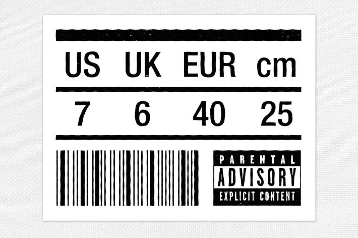 Parental Advisory label mimicking a shoe size tag, displaying US, UK, EUR sizes, and a barcode