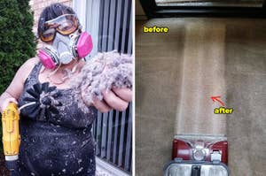 Person wearing a mask and safety goggles holding a power tool and a ball of lint; a before and after of a carpet cleaning