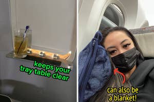 a reviewer's shelf attached to the plane window "keeps your tray table clear" / a reviewer using a pillow "can also be a blanket"