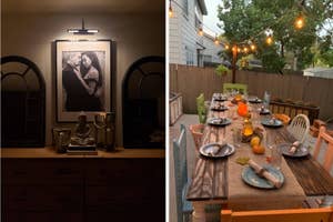 on the left, lit wireless library light above photo frame, on the right string lights above outdoor table with chairs