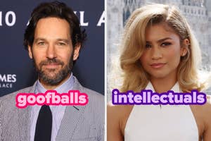 On the left, Paul Rudd labeled goofballs, and on the right, Zendaya labeled intellectuals