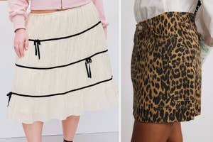 Two skirts; left is a tiered style with bow details, right is a leopard print mini
