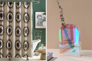 Shower curtain with geometric pattern on the left, iridescent arch vase on the right