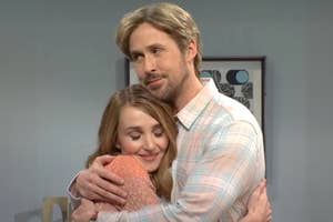 Ryan Gosling and Chloe Fineman hugging in an SNL sketch