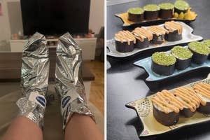 Person with feet wrapped in foil; sushi platter with various toppings