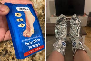 Packaging of Dr. Frederick’s Original Better Blister Bandages and a person wearing heated booties on their feet