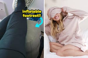 a reviewer using an inflatable footrest  / a model wearing a hoodie with built-in eye mask