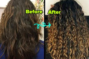 reviewer's hair before and after using curling cream