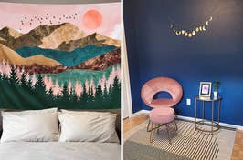 on the left, a mountain landscape tapestry above bed, on the right a pink velvet accent chair