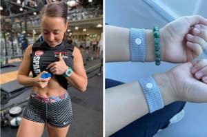 Left: Athlete putting on blister balm;  two wrists wearing Sea Bands