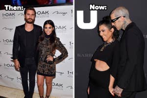 Scott Disick and Kourtney Kardashian pose at an event vs Kourtney Kardashian Barker and Travis Barker hold hands on the red carpet
