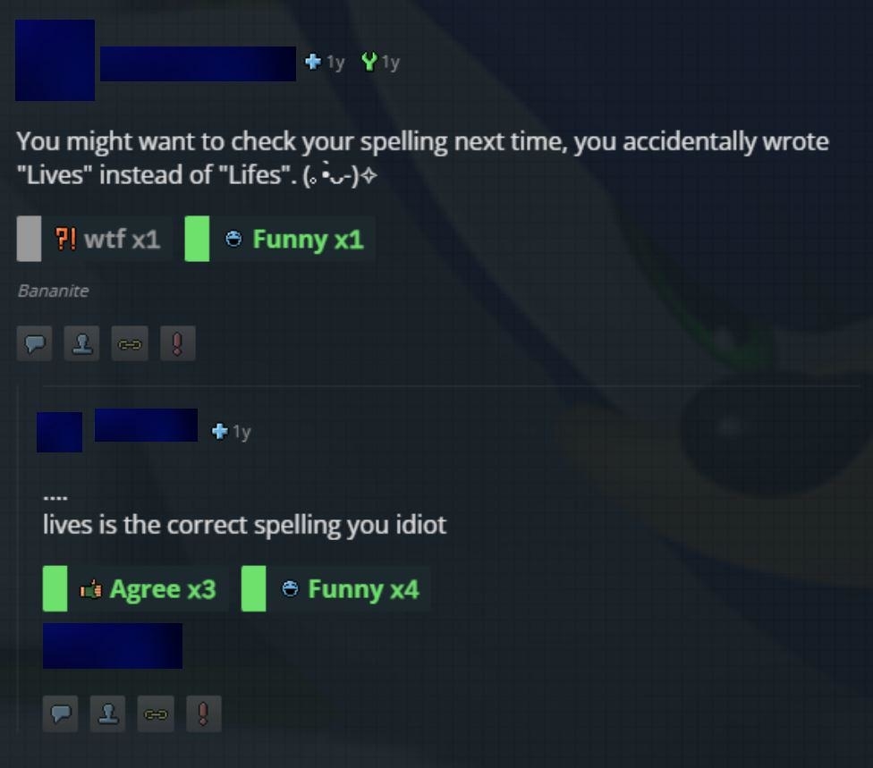 Screenshot of an online conversation correcting a typo in &quot;Lifes,&quot; with mixed reaction emojis like &#x27;Funny&#x27; and &#x27;Agree.&#x27;