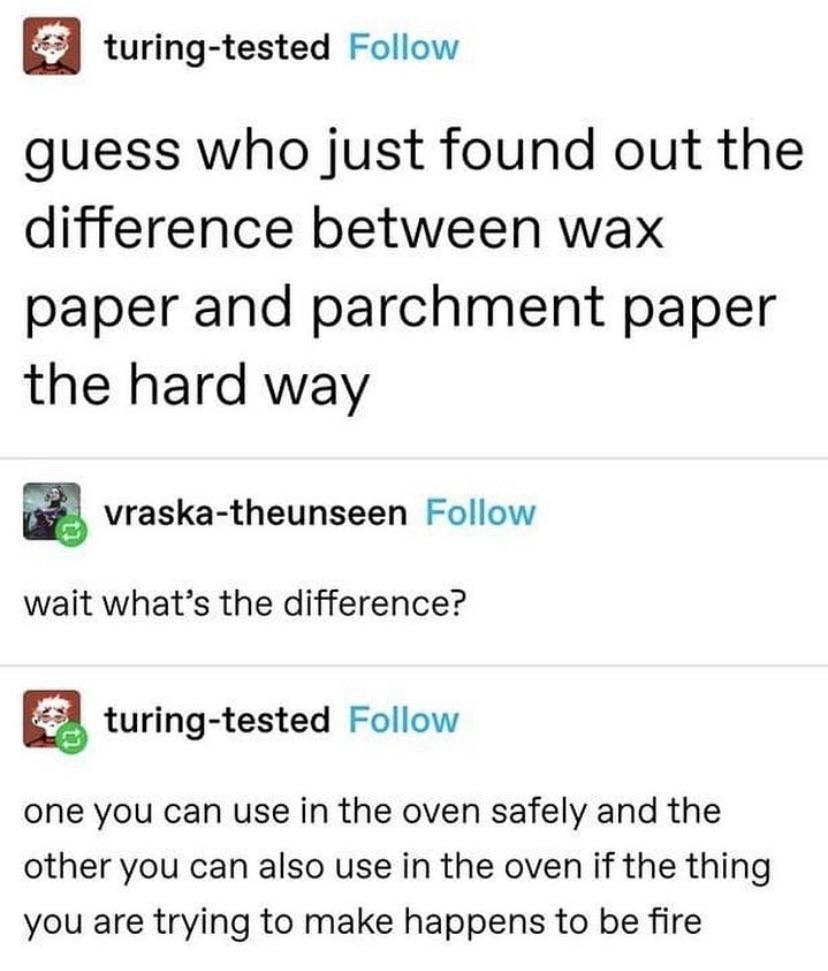 Screenshot of a social media post with comments joking about confusing wax paper with parchment and causing a fire