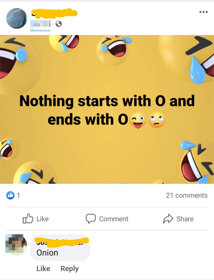 Graphic with laughing emojis and text &quot;Nothing starts with O and ends with O.&quot; One comment visible