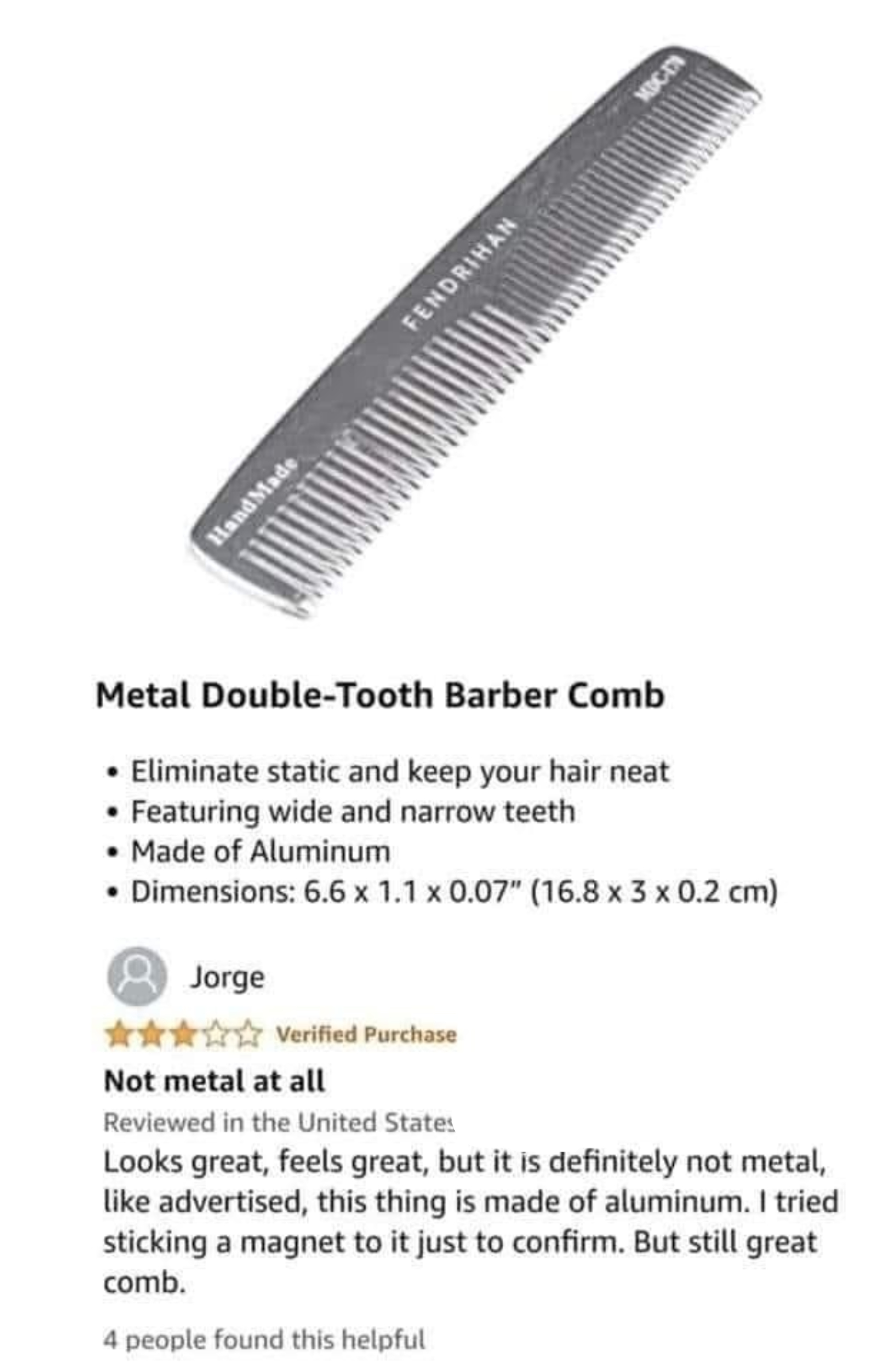 Comb with double teeth for hair grooming made of aluminum, alongside a customer review expressing doubt about material but satisfaction with quality