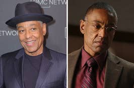 Giancarlo Esposito in a fedora and dress shirt next to an image of him as Gus Fring in a suit and tie