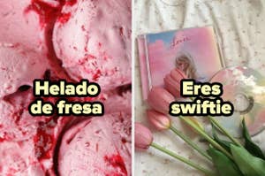 Imagen dividida: a la izquierda, helado de fresa; a la derecha, álbum "Lover" de Taylor Swift con tulipanes, texto "Eres swiftie"