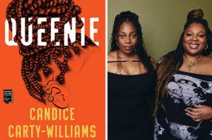 Two women stand side-by-side; one wears a graphic tee, the other a black top with lace details. They are possibly discussed in relation to the book "Queenie" by Candice Carty-Williams featured in the image