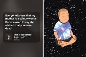 Animated character meditating in space, with a quote from Taylor Swift's song and an Apple Music logo