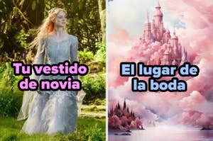 Imagen dividida: izquierda, mujer en vestido de novia; derecha, castillo animado entre nubes