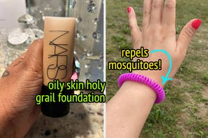Jordan Grigsby holding bottle of Nars foundation and reviewer wearing purple mosquito repellant bracelet
