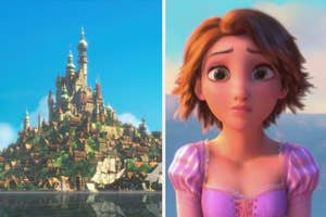 Rapunzel's kingdom from "Tangled" and a close-up of Rapunzel with a surprised expression