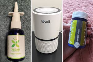 Three products: Xlear nasal spray, Levoit air purifier, and a weekly pill organizer held in hand
