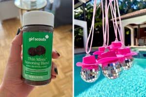 Person holding a bottle of Girl Scouts Thin Mints Seasoning Blend; disco ball-shaped ornaments hanging poolside