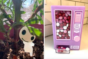 Miniature toy vending machine filled with candy; small "tree elf" for plants