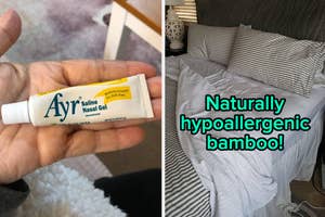 Hand holding a tube of nasal gel; labeled hypoallergenic bamboo bedding to the right