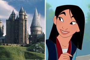 Hogwarts castle from Harry Potter next to animated character Mulan smiling