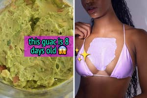 reviewer's eight day old guacamole still fresh and model with boob polish on boobs