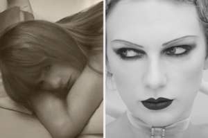 Split image: left side shows Taylor Swift lying down, right side shows her with dark lipstick and dramatic makeup