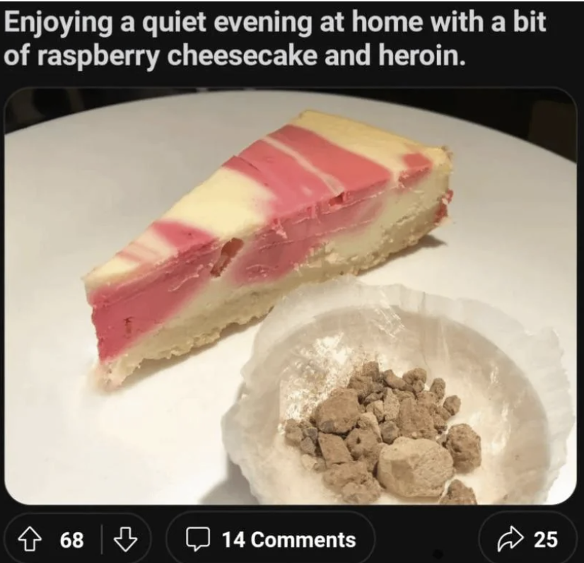 Slice of cheesecake with swirls next to crumbled toppings on a plate, shared on a social post with likes and comments