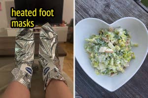 Image on left shows a person with heated foot masks on their feet. The right image is a salad in a heart-shaped bowl