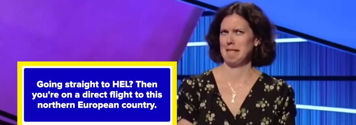 Woman on Jeopardy, puzzled, with question about a European country and HEL airport hint displayed
